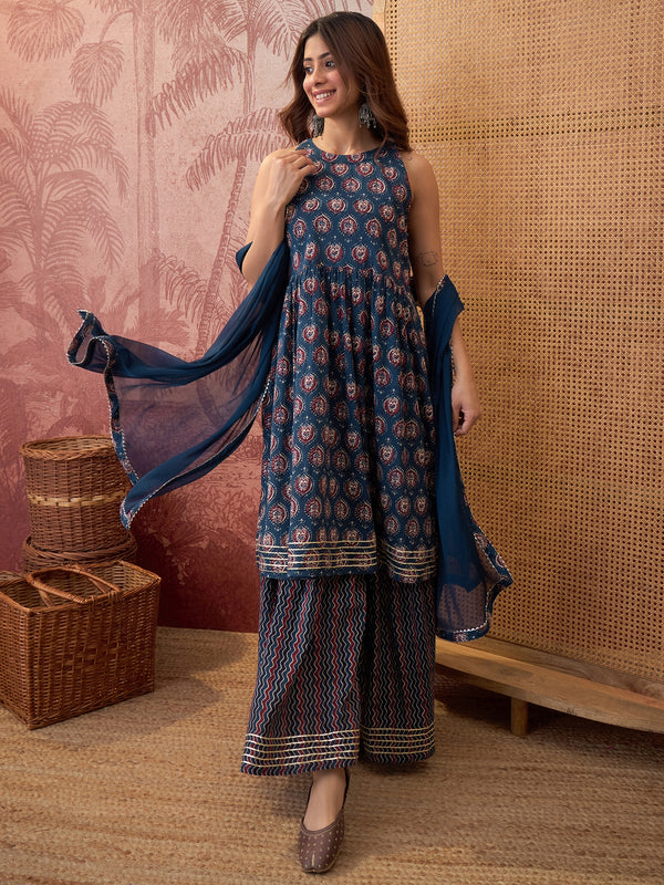 Ethnic Motifs Print Sleevless A-Line Kurta with Sharara & Dupatta Kurta Set