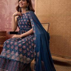 Ethnic Motifs Print Sleevless A-Line Kurta with Sharara & Dupatta Kurta Set