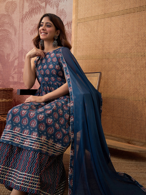 Ethnic Motifs Print Sleevless A-Line Kurta with Sharara & Dupatta Kurta Set