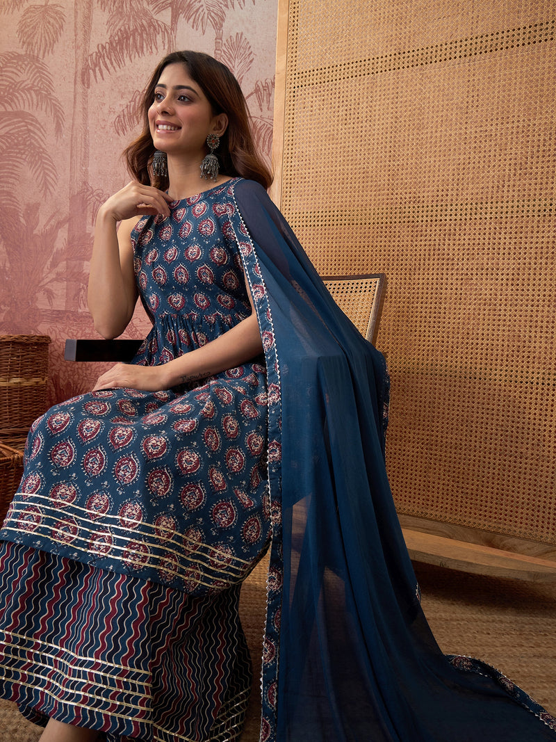 Ethnic Motifs Print Sleevless A-Line Kurta with Sharara & Dupatta Kurta Set