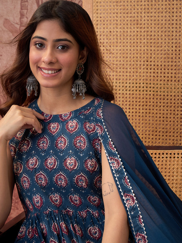 Ethnic Motifs Print Sleevless A-Line Kurta with Sharara & Dupatta Kurta Set