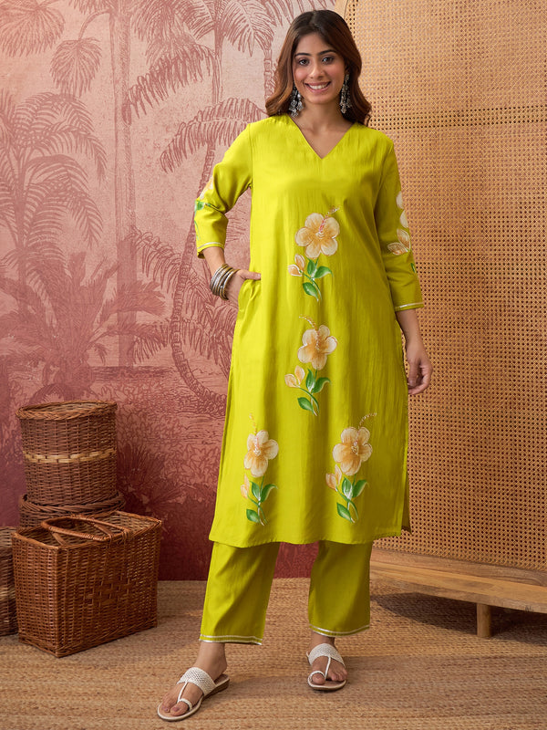 Parrot Green Hand Block Print Straight  Kurta with Trouser & Dupatta Kurta Set