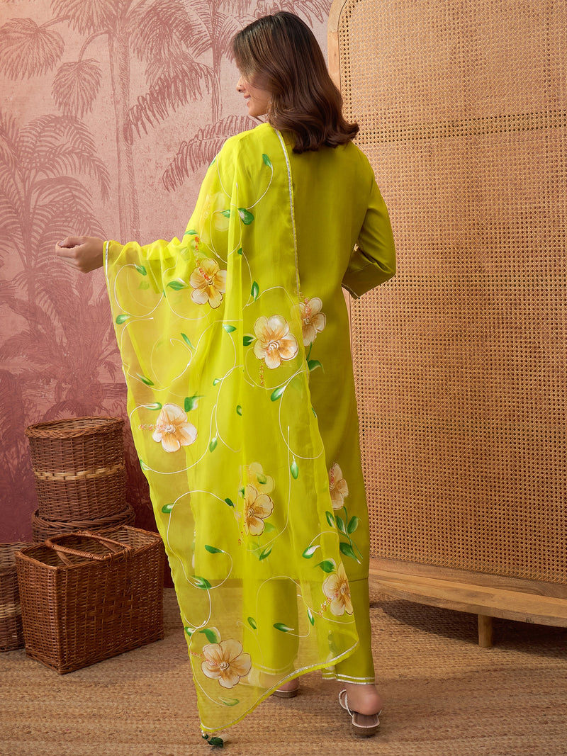 Purple Hand Block Print Straight  Kurta with Trouser & Dupatta Kurta Set