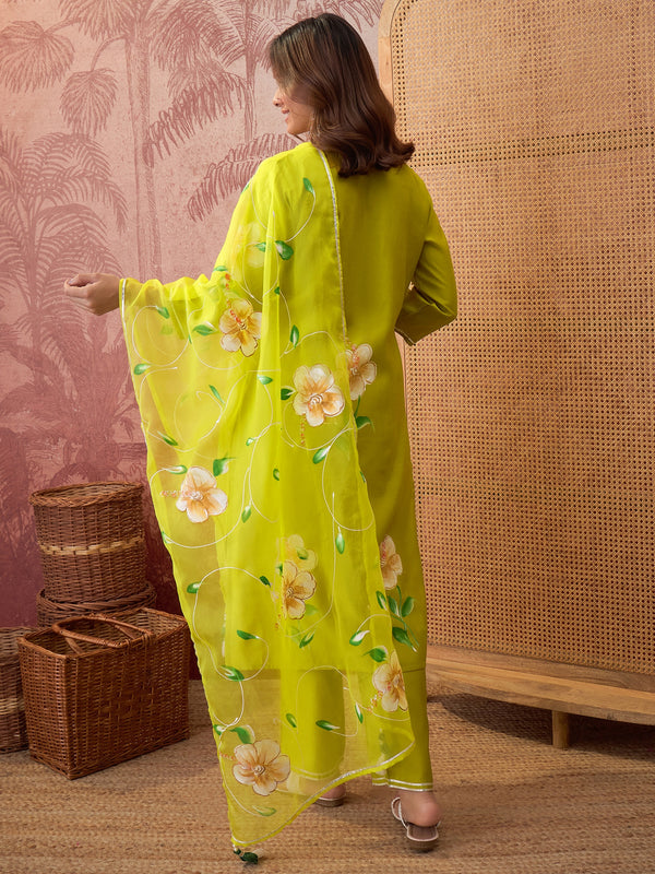 Parrot Green Hand Block Print Straight  Kurta with Trouser & Dupatta Kurta Set