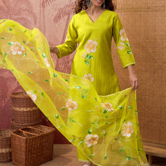 Purple Hand Block Print Straight  Kurta with Trouser & Dupatta Kurta Set
