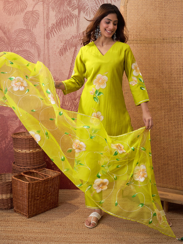 Parrot Green Hand Block Print Straight  Kurta with Trouser & Dupatta Kurta Set