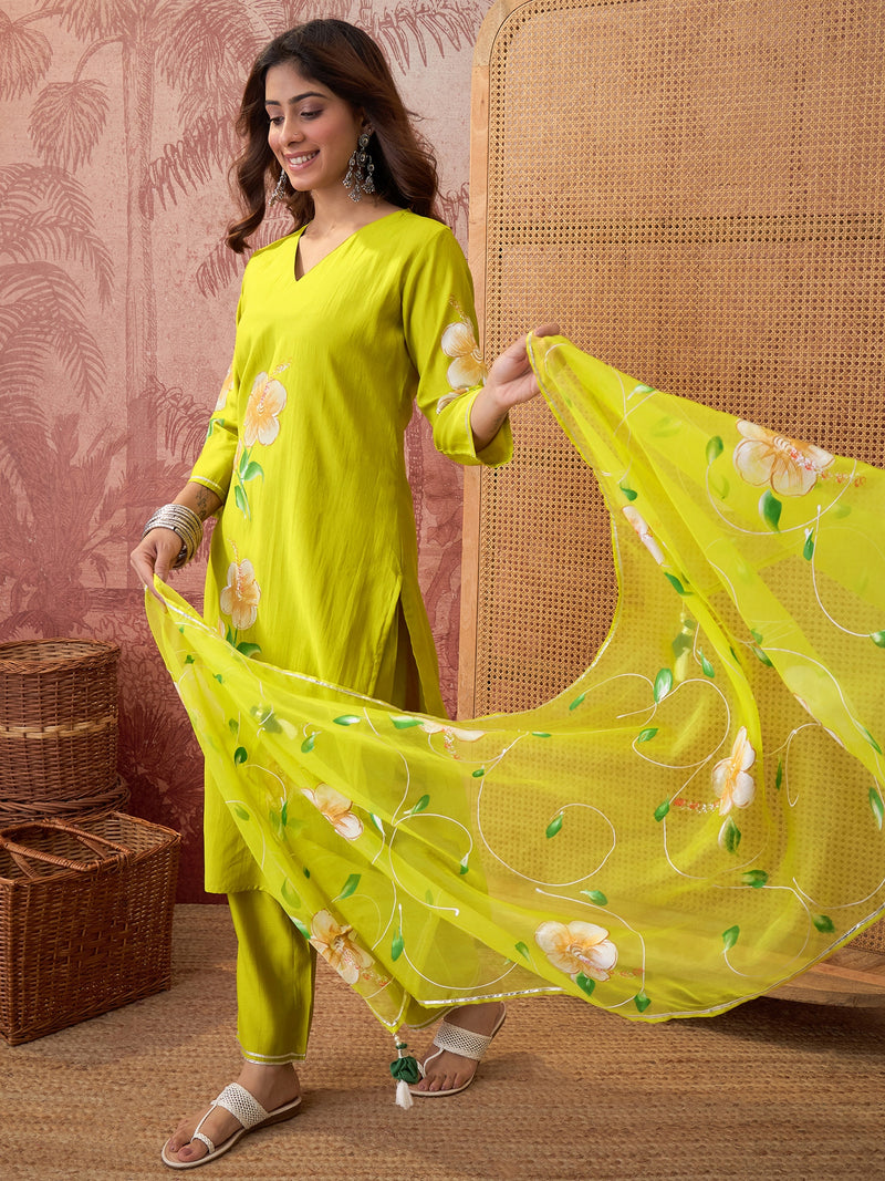Purple Hand Block Print Straight  Kurta with Trouser & Dupatta Kurta Set