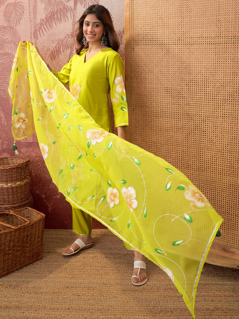 Purple Hand Block Print Straight  Kurta with Trouser & Dupatta Kurta Set