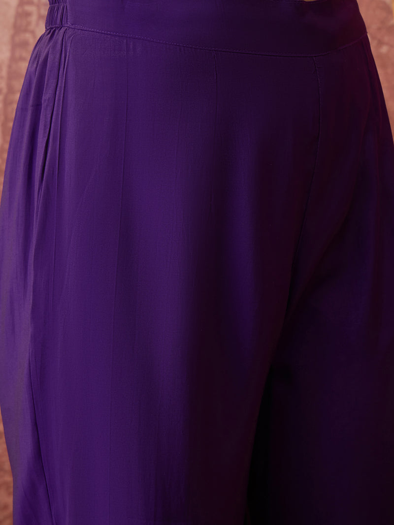 Purple Hand Block Print Straight  Kurta with Trouser & Dupatta Kurta Set