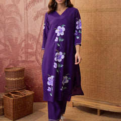 Purple Hand Block Print Straight  Kurta with Trouser & Dupatta Kurta Set