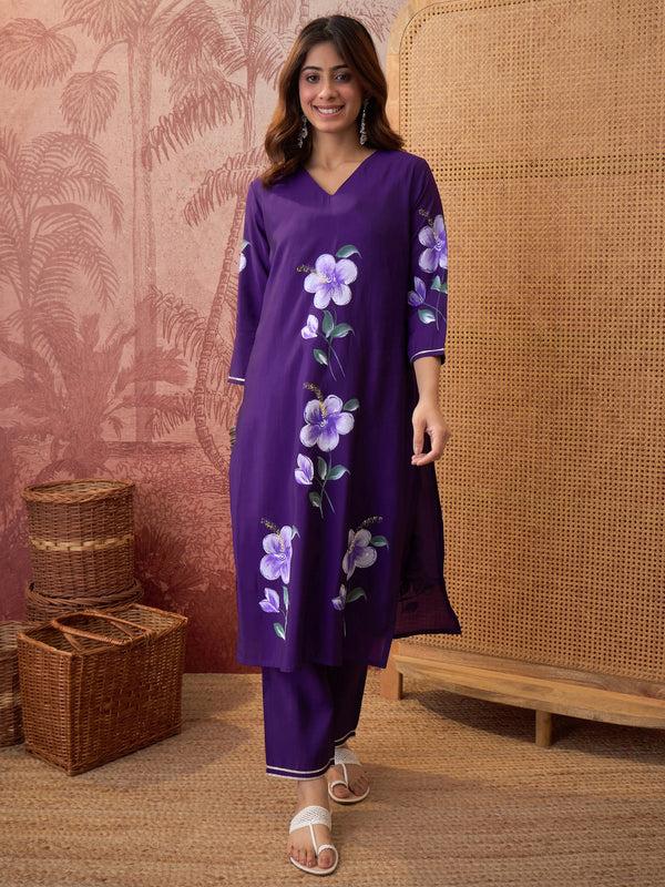 Purple Hand Block Print Straight  Kurta with Trouser & Dupatta Kurta Set