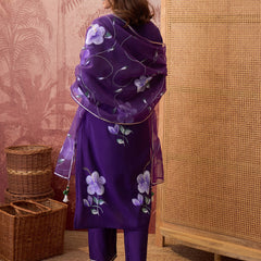 Purple Hand Block Print Straight  Kurta with Trouser & Dupatta Kurta Set