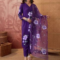 Purple Hand Block Print Straight  Kurta with Trouser & Dupatta Kurta Set