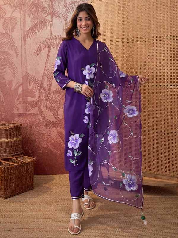 Purple Hand Block Print Straight  Kurta with Trouser & Dupatta Kurta Set