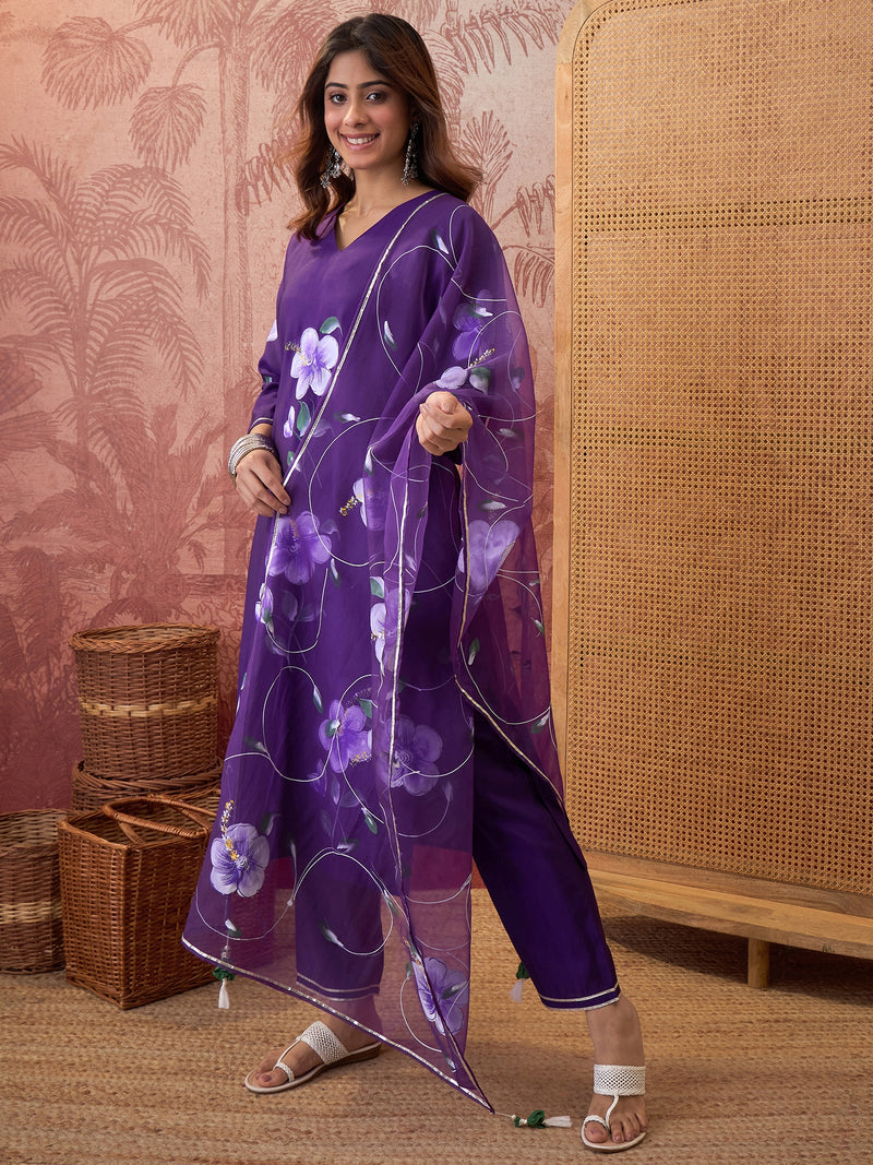 Purple Hand Block Print Straight  Kurta with Trouser & Dupatta Kurta Set