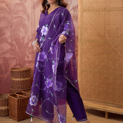 Purple Hand Block Print Straight  Kurta with Trouser & Dupatta Kurta Set