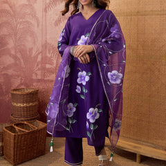 Purple Hand Block Print Straight  Kurta with Trouser & Dupatta Kurta Set