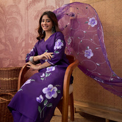 Purple Hand Block Print Straight  Kurta with Trouser & Dupatta Kurta Set