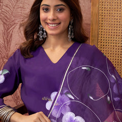 Purple Hand Block Print Straight  Kurta with Trouser & Dupatta Kurta Set