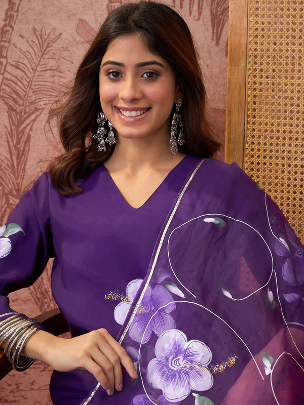 Purple Hand Block Print Straight  Kurta with Trouser & Dupatta Kurta Set