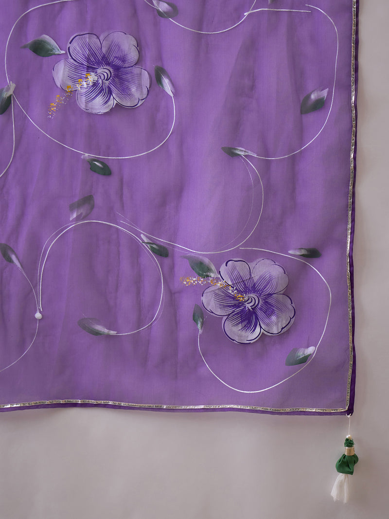 Purple Hand Block Print Straight  Kurta with Trouser & Dupatta Kurta Set