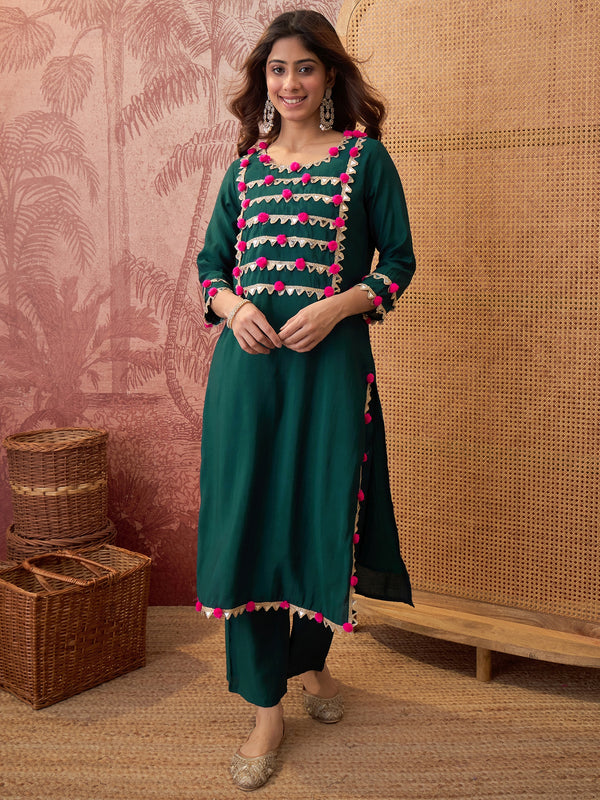 Bottle Green lace Work & Gota Pati Straight Kurta With Trouser Kurta Set