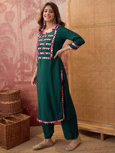 Bottle Green lace Work & Gota Pati Straight Kurta With Trouser Kurta Set
