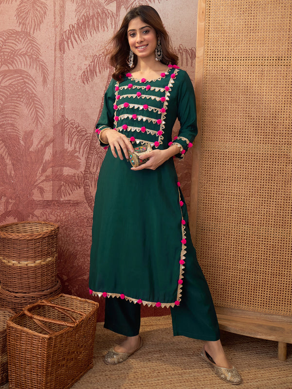 Bottle Green lace Work & Gota Pati Straight Kurta With Trouser Kurta Set