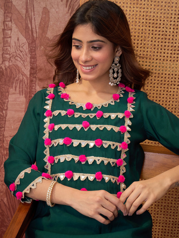 Bottle Green lace Work & Gota Pati Straight Kurta With Trouser Kurta Set