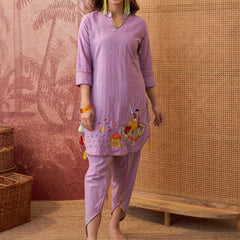 Pure Cotton Floral Embroidered Straight Kurta With Dhoti Pant Kurta Set