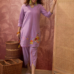Pure Cotton Floral Embroidered Straight Kurta With Dhoti Pant Kurta Set