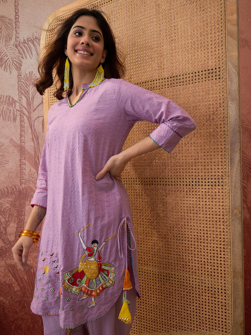 Pure Cotton Floral Embroidered Straight Kurta With Dhoti Pant Kurta Set