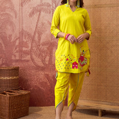 Pure Cotton Floral Embroidered Straight Kurta With Dhoti Pant Kurta Set