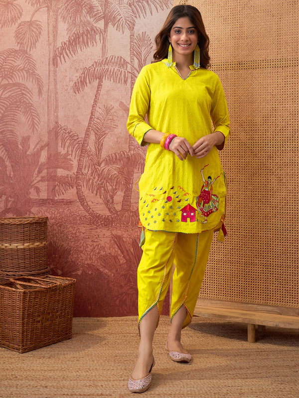 Pure Cotton Floral Embroidered Straight Kurta With Dhoti Pant Kurta Set