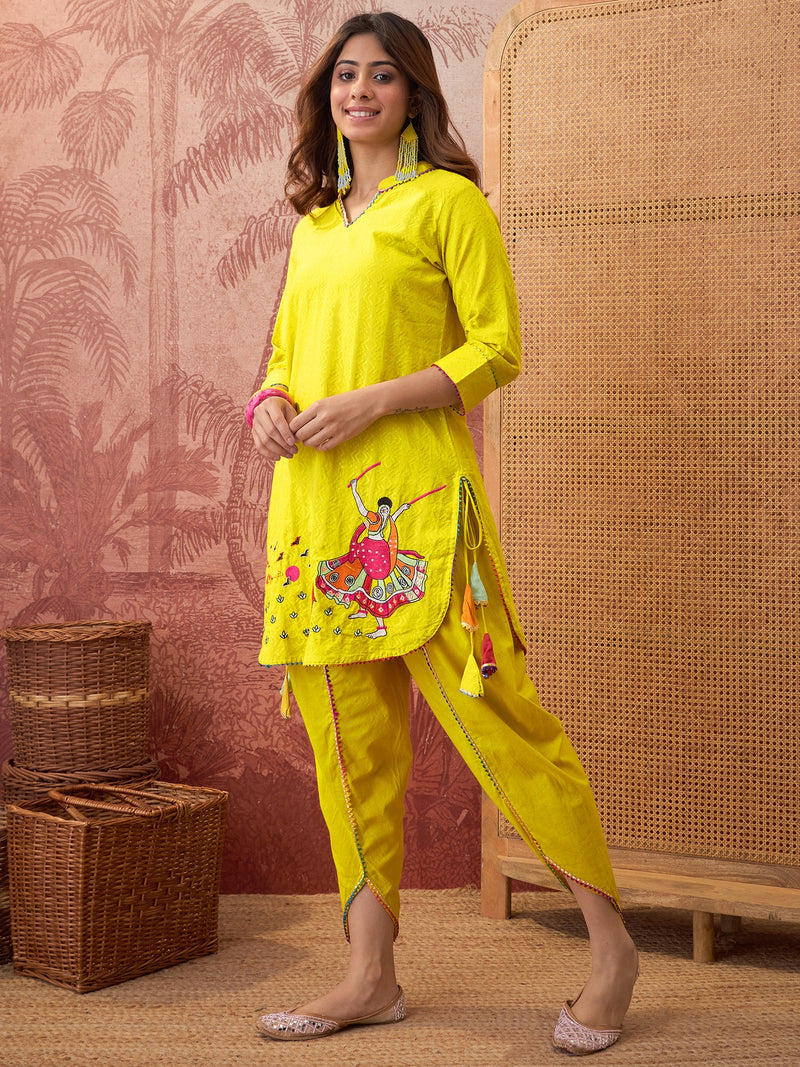 Pure Cotton Floral Embroidered Straight Kurta With Dhoti Pant Kurta Set
