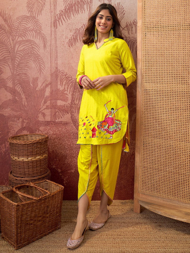 Pure Cotton Floral Embroidered Straight Kurta With Dhoti Pant Kurta Set