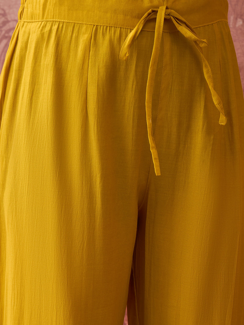 Mustard Floral Embroidered Straight Kurta With Trouser & Dupatta Kurta Set