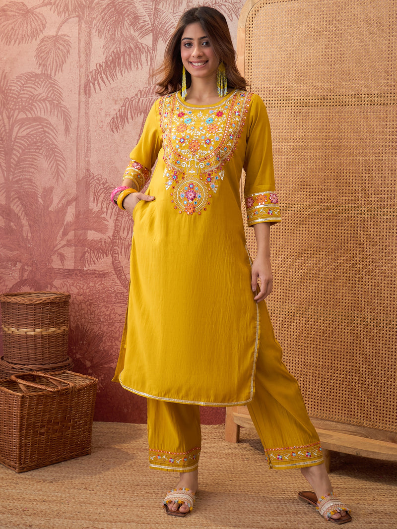 Mustard Floral Embroidered Straight Kurta With Trouser & Dupatta Kurta Set