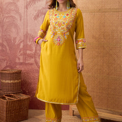 Mustard Floral Embroidered Straight Kurta With Trouser & Dupatta Kurta Set