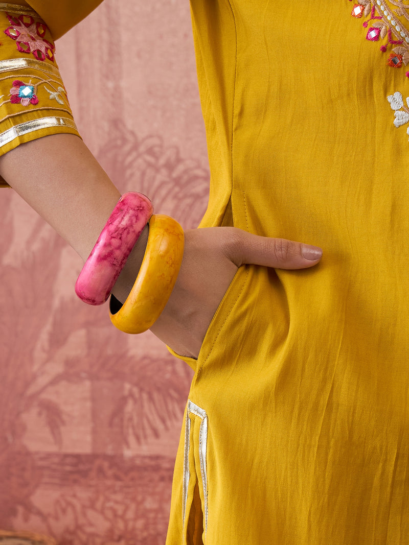 Mustard Floral Embroidered Straight Kurta With Trouser & Dupatta Kurta Set