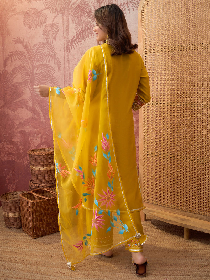 Mustard Floral Embroidered Straight Kurta With Trouser & Dupatta Kurta Set