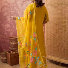 Mustard Floral Embroidered Straight Kurta With Trouser & Dupatta Kurta Set