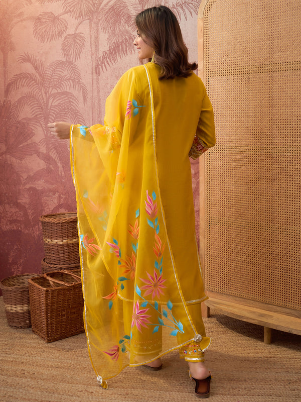 Mustard Floral Embroidered Straight Kurta With Trouser & Dupatta Kurta Set