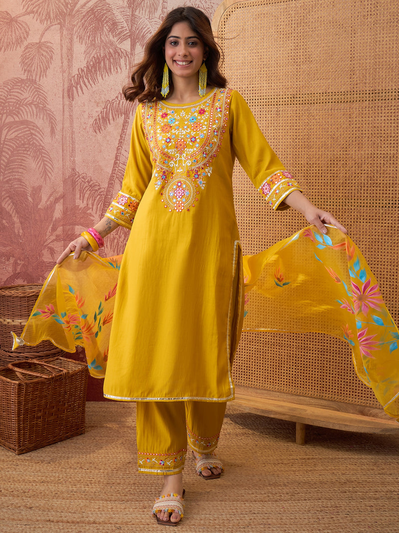 Mustard Floral Embroidered Straight Kurta With Trouser & Dupatta Kurta Set