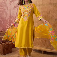 Mustard Floral Embroidered Straight Kurta With Trouser & Dupatta Kurta Set