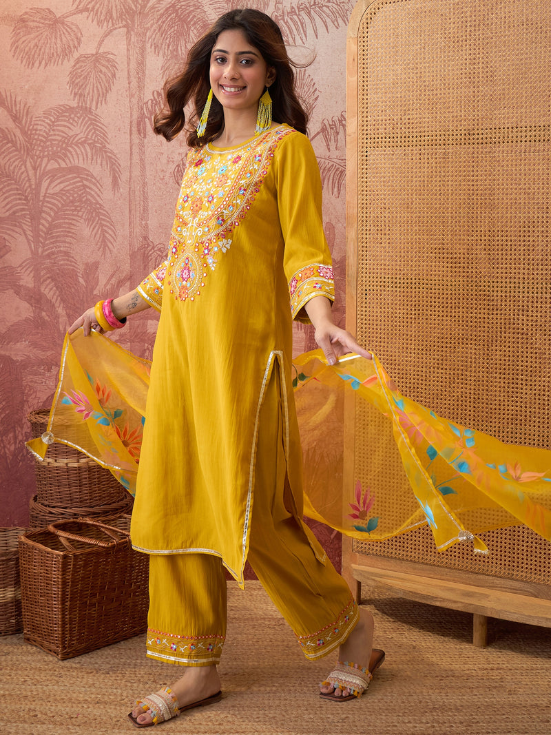 Mustard Floral Embroidered Straight Kurta With Trouser & Dupatta Kurta Set