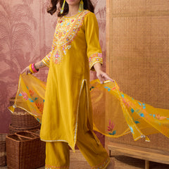 Mustard Floral Embroidered Straight Kurta With Trouser & Dupatta Kurta Set