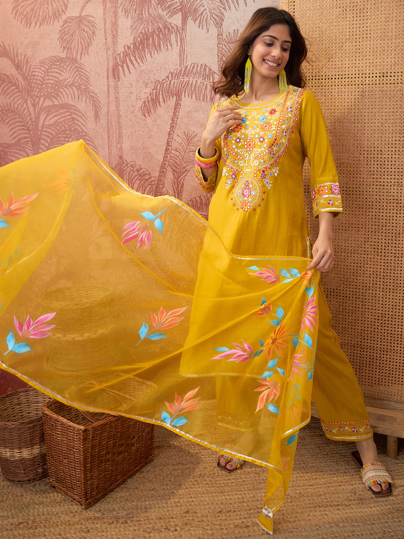 Mustard Floral Embroidered Straight Kurta With Trouser & Dupatta Kurta Set