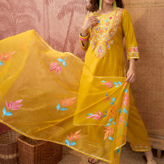 Mustard Floral Embroidered Straight Kurta With Trouser & Dupatta Kurta Set