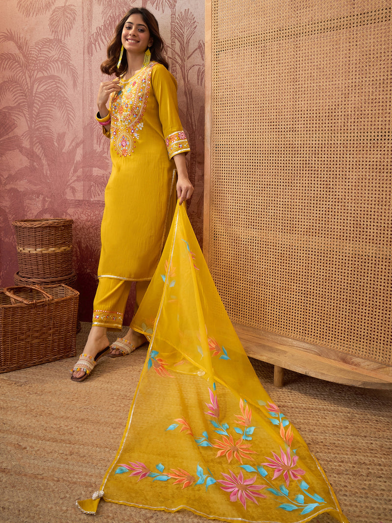 Mustard Floral Embroidered Straight Kurta With Trouser & Dupatta Kurta Set